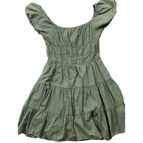 Womens Mini Babydoll Smock Dress Small Green Puffy Sleeve Ruffle Solid Milkmaid - Picture 4 of 7
